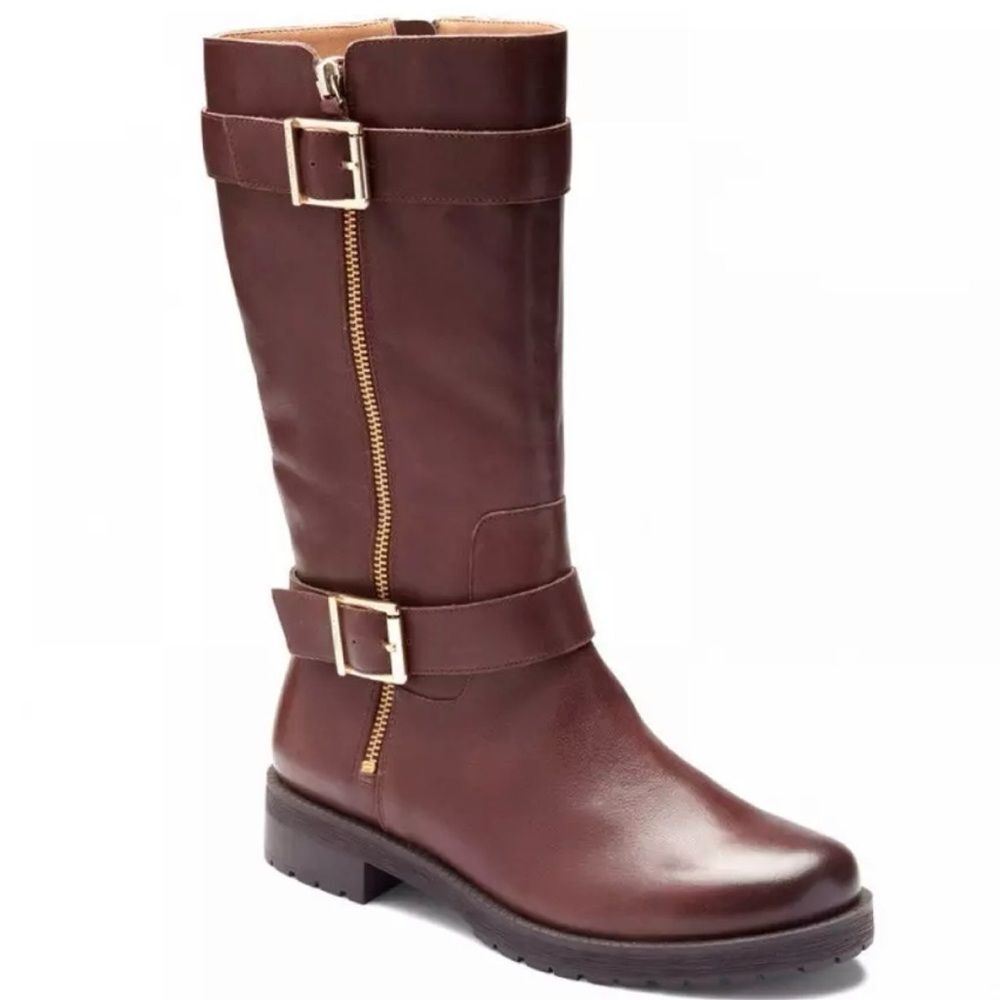 Vionic Marlow Leather Boots Brown Gold Buckles 10